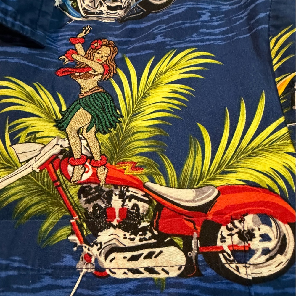 Aloha Republic Hawaii Motorcycle Hula Girl Shirt Men’s Medium Blue Cotton‎ - Picture 4 of 6